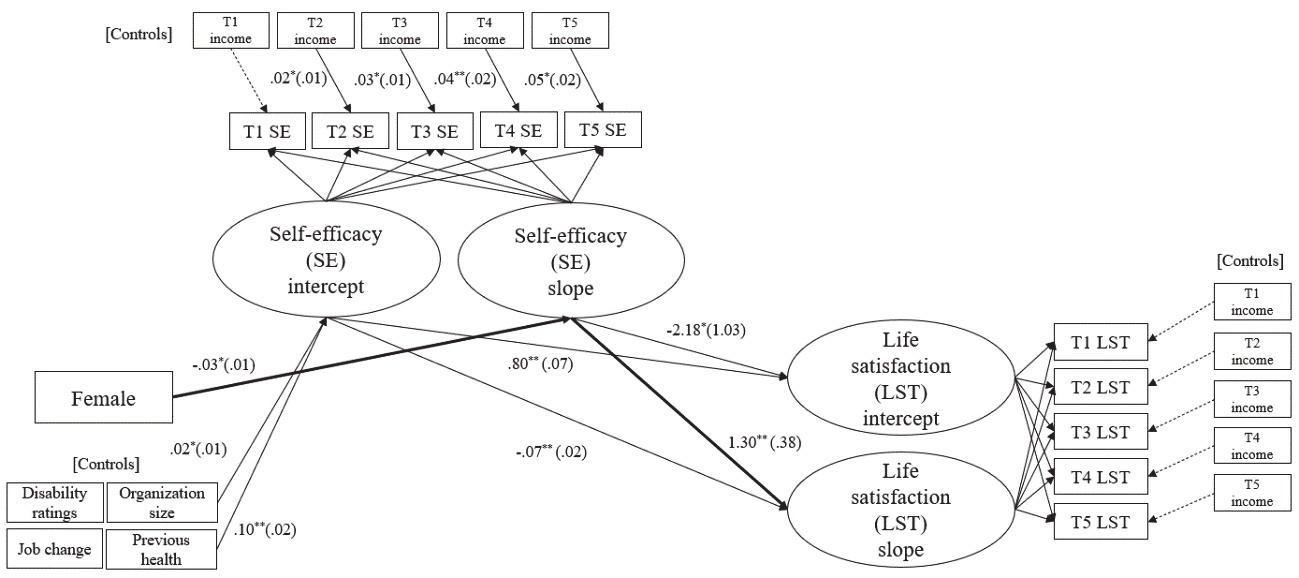 Model Result (Hypothesis 3)Note. For the sake of parsimony, nonsignificant paths have been omitted from the visual representation of the model, with the exception of the paths representing the influence of annual income. In this case, nonsignificant paths are denoted by dashed lines. *p<.05, **p<.01.